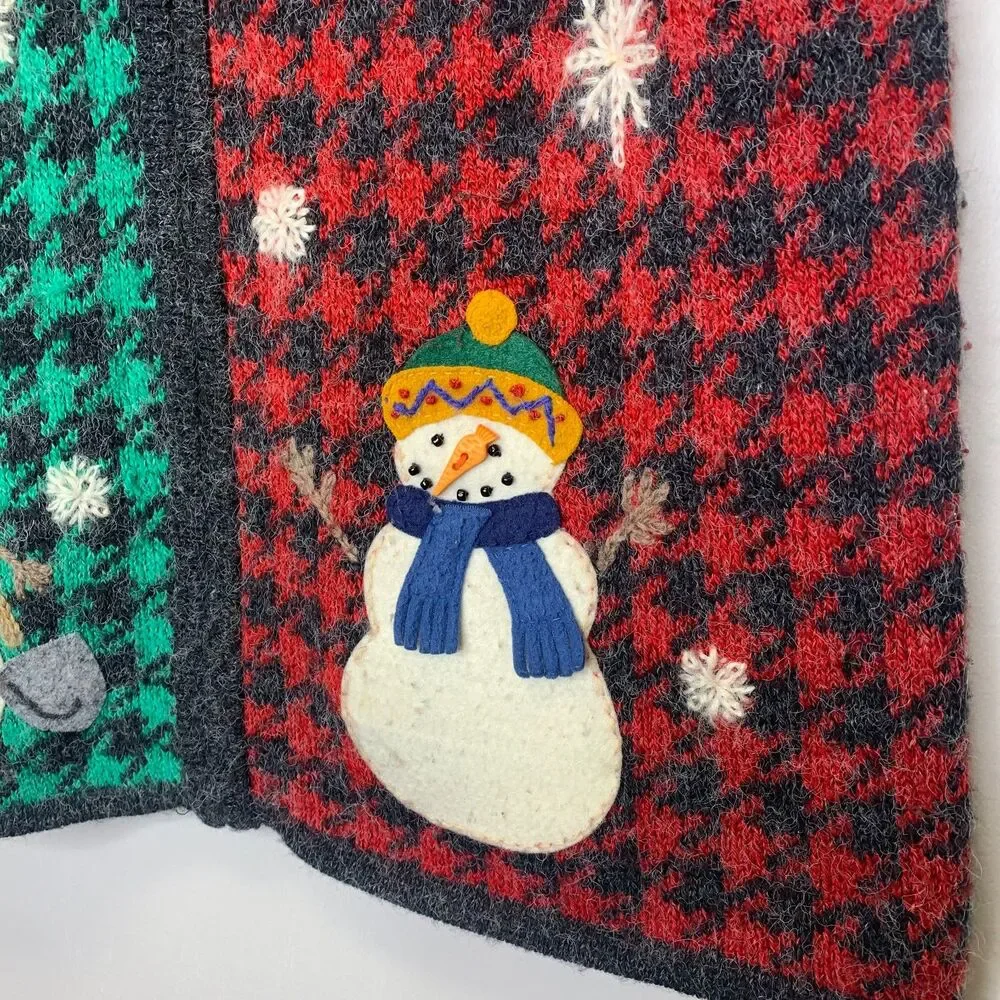 Northern Isles Wool Blend Zip Front Vest Christmas Snowman Hounstooth‎ Design Lg